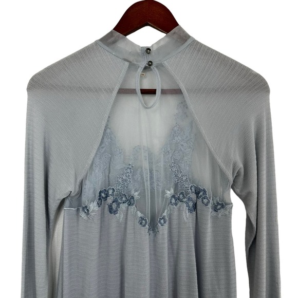 Free People Embroidered Mesh Top Blue Size XS Long Sleeve Semi Sheer Coquette - Picture 5 of 16